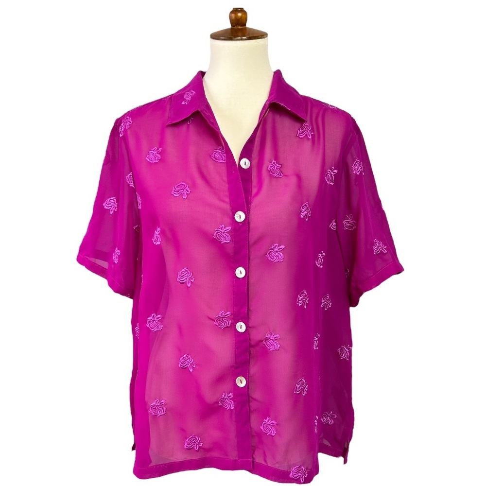VTG Country Wear Casuals LG Pink Sheer Top Floral Embroidered Y2K Spring Roses